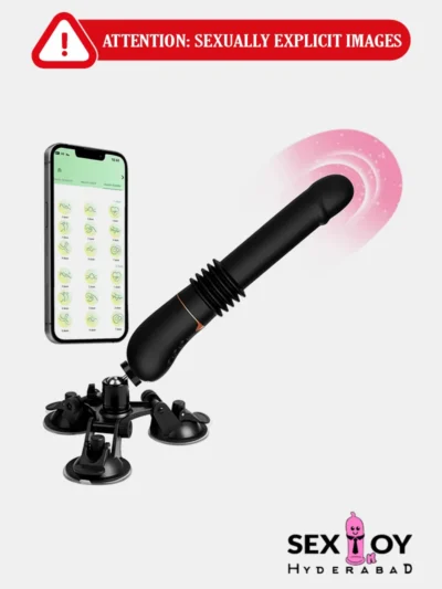 App-Controlled Thrusting Dildo Vibrator with a strong suction base, showcasing its sleek design and features.